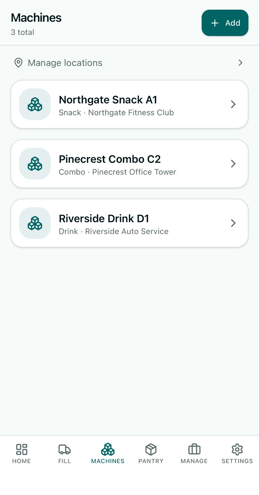 Machines list on mobile
